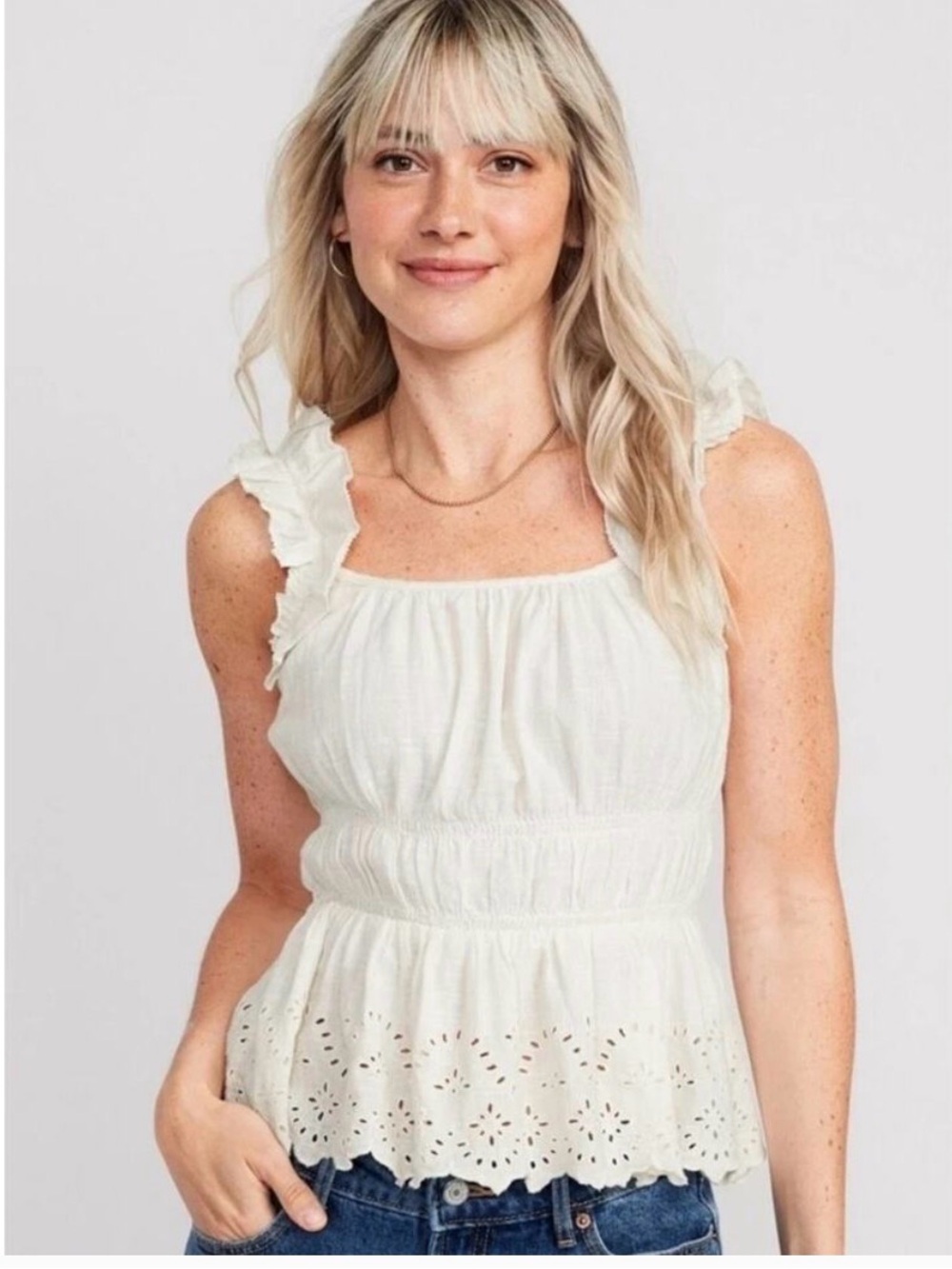 Old Navy Cream Ruffle Strap Eyelet Peplum Camisole